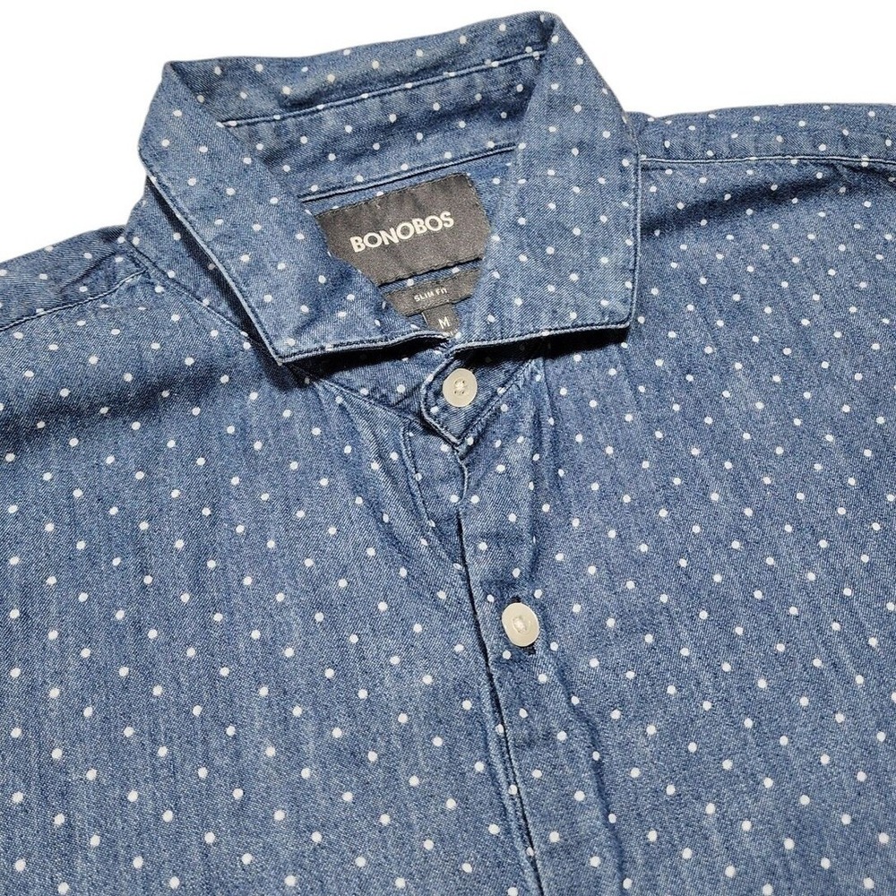 Bonobos Button Down Mens M Blue Polka Dot Slim Fit Short Sleeve Chambray Shirt